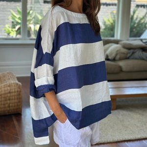 Frockk Avril Top, Big Blue Striped Oversize Tunic Top 100% Linen Navy and White